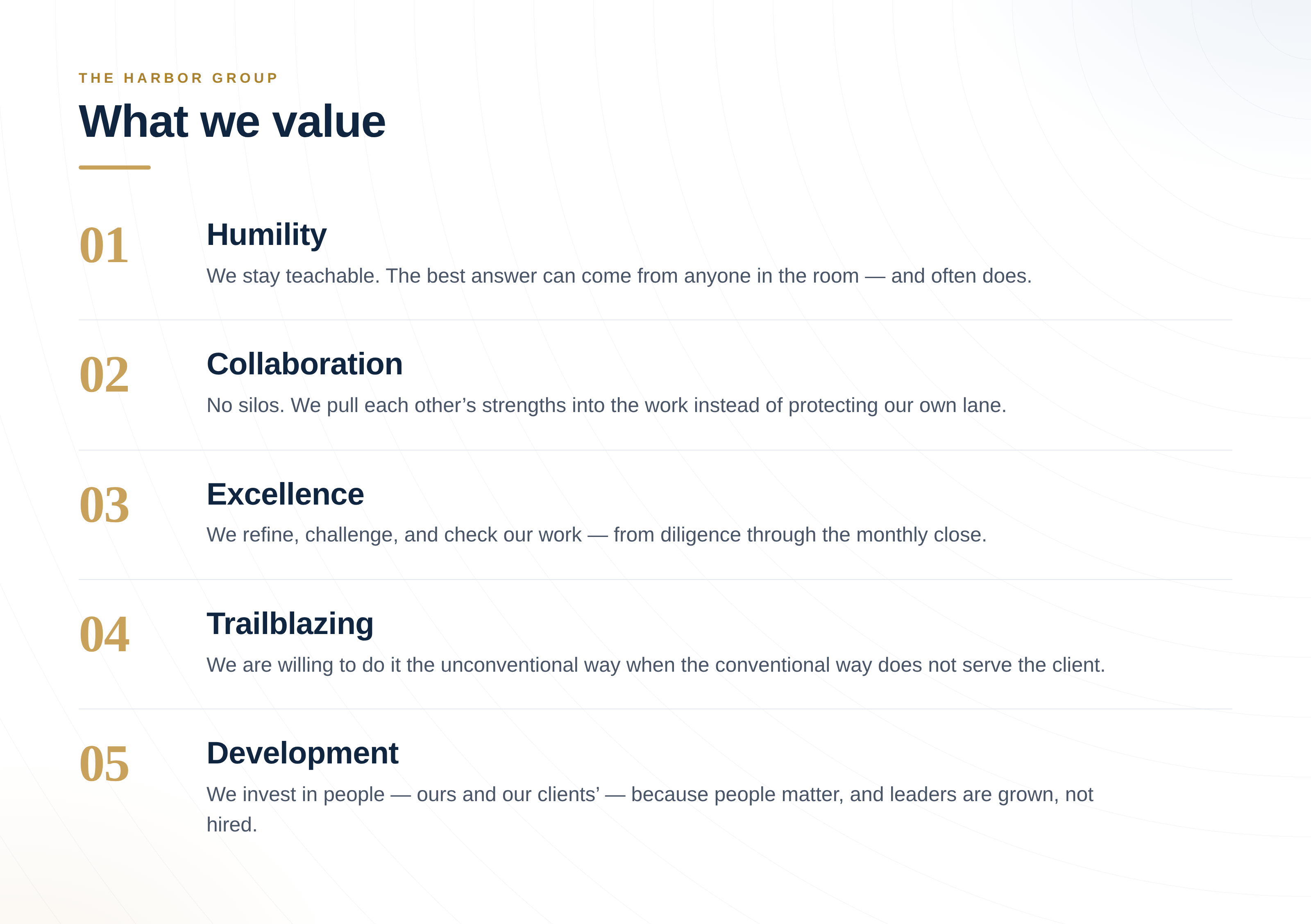 The Harbor Group core values: Humility, Collaboration, Excellence, Trailblazing, and Development.